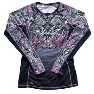 Athleta Runaway XS Long Sleeve Paisley Print Athletic Top Black Purple Workout